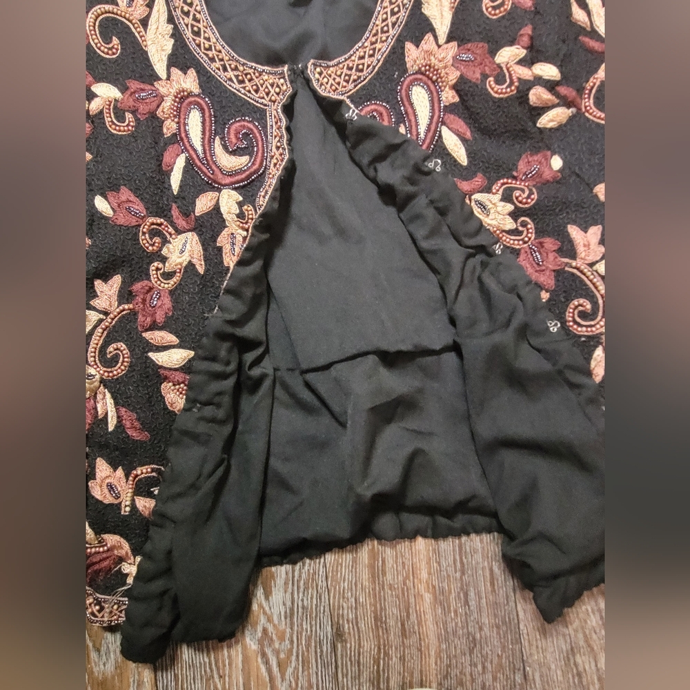 Vintage Laurence Kazar Silk Beaded Jacket Womens Large Black Brown Floral - Picture 3 of 4